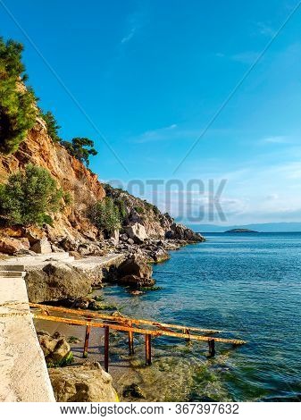 View Of The Sea Of Marmara. Rocks And Brown Stones Of The Island.