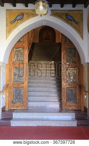 Door and stariway in Kykkos monastery in Cyprus