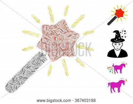 Line Mosaic Wizard Wand Icon Composed Of Straight Items In Different Sizes And Color Hues. Line Item