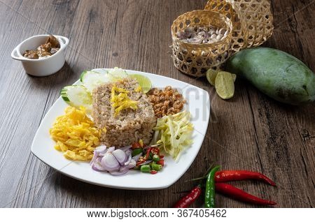 Shrimp Paste Rice With Caramelized Pork Condiment, Dried Shrimp, Green Mango, Chilies, Lime, Shallot