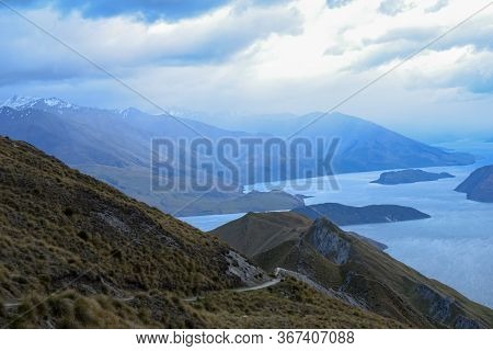 Panoramic Top View Landscape, Blue Water Mountain And Sky Background