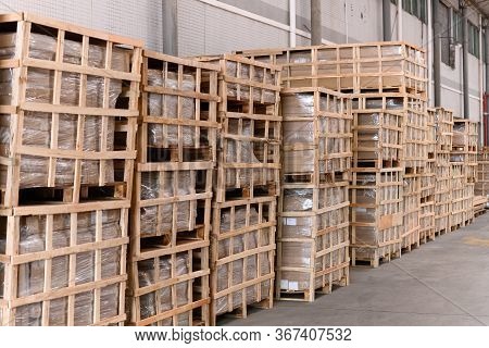 Factory Warehouse With Packed Pallets Horizontal Composition