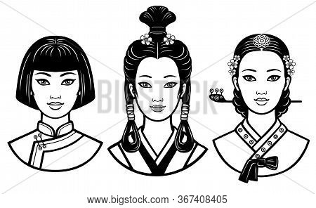 Set Of Realistic Portraits Of The Young  Asian  Girls With Different Hairstyles.  China, Japan, Kore