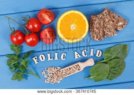Inscription Folic Acid With Nutritious Products Containing Vitamin B9 And Natural Minerals, Concept 