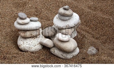 Pebble Pyromids On A Beach, Rhodes, Greece