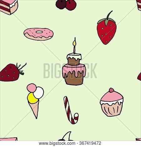 Seamless Pattern With Sweets Stock Illustration,color, Doodle Style