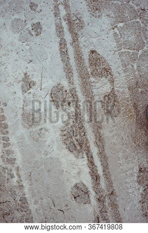 Prints Of Bicycle And Boots In The Mud