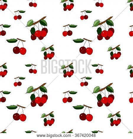 Seamless Pattern With Cherry Stock Illustration, Vector, Hand Drawing, Design Element  For Printing,