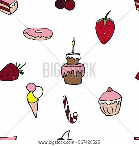 Seamless Pattern With Sweets Stock Illustration, Vector, Hand Drawing, Design Element  For Printing,