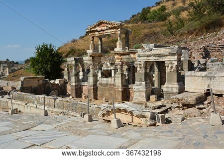 Ephesus, Turkey - August 16, 2017: Fountain Of Trajan, Nymphaeum Traiani, In Ephesus Ancient City, S