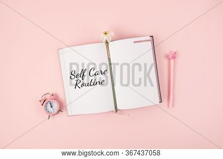 Self Care, Wellbeing Routine, Holistic Set Of Self-care Activities Concept With Open Notebook, Flowe