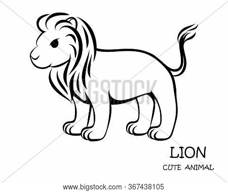 Black Vector Illustration Cartoon On A White Background Of A Cute Lion.