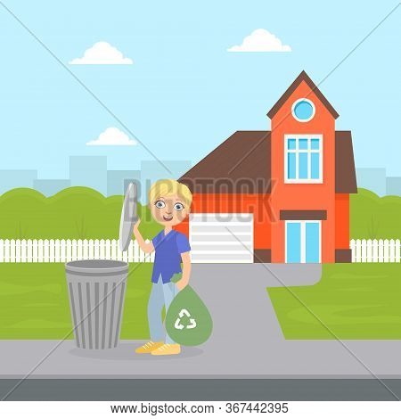 Cute Boy Standing With Trash Bag Near Garbage Container, Boy Throwing Garbage Into Trash Bin, Child 