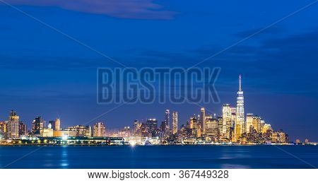 New York,usa, 08-25-17: New York City Skyline  At Night With Reflection In Hudson River.