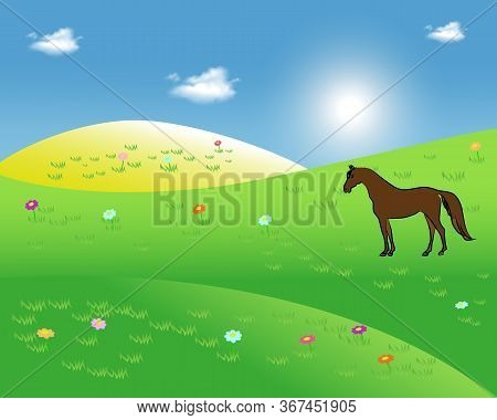 Landscape With Horses And Clouds. Horse Silhouette On Grassland In The Rolling Hills Illustration In