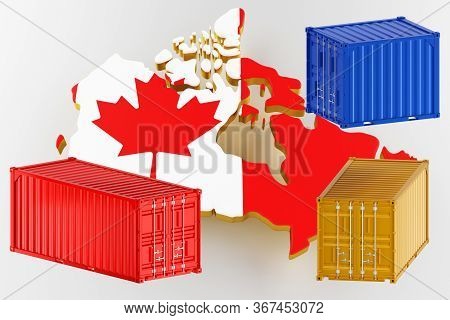3d Map Of Canada. Freight Shipping In Containers. Export From The Country In Containers. 3d Renderin