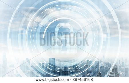 Global Cybersecurity Mixed Media With Virtual Locking Padlock On Cityscape Background. Data Cryptogr