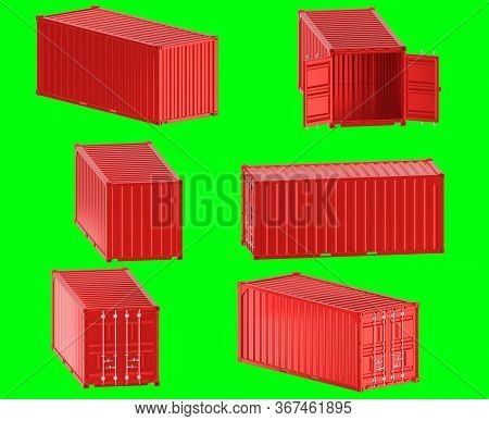 A High Quality Image Of A Red 20ft Shipping Container On A Green Background With Clipping Path. Twen