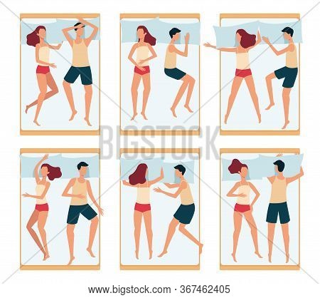 Sleeping Positions For Couples And Families, Man And Woman Sleeping Together In Postures.