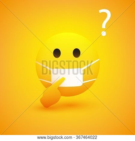 How Long This Will Last? - Simple Emoticon, Wearing Medical Mask, Pointing To It - Vector Concept De