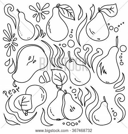 Doodle Vector Outline Pear Set For Creativity And Varius Design, Pears With Leaves And Different Cur