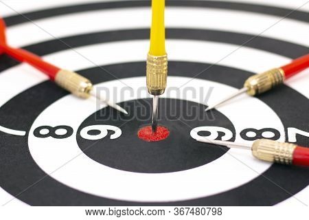 Right To Target Concept Using Darts In Bulseye On Darts Business Success Concept. Destruction Of Com