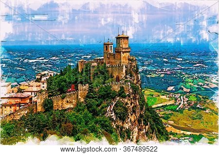 Prima Torre Guaita First Fortress Tower With Brick Walls On Mount Titano Stone Rock. Republic San Ma