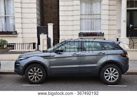 London, Uk - July 13, 2019: Silver Range Rover Evoque Compact Suv Car Parked In London. There Are 37