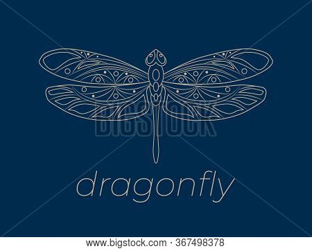 Openwork Dragonfly Icon. Stock Vector Illustration. Isolated Beige Outline Elements On A Dark Blue B