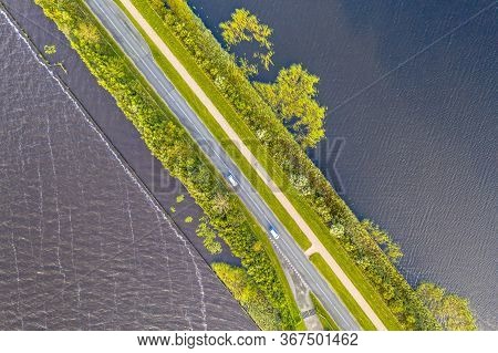Top Down Aerial View Of Causeway Through Weerribben Wieden National Park, Overijssel, Netherlands