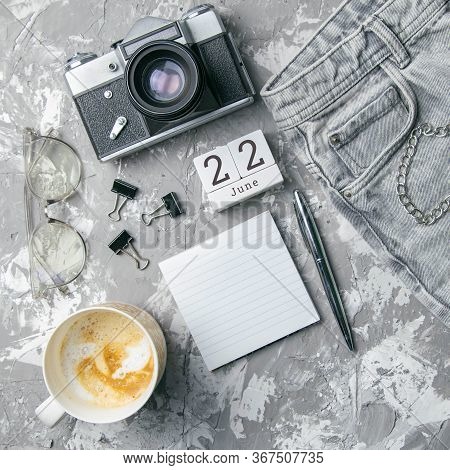 June 22 On The Wooden Calendar.the Twenty-second Day Of The Summer Month, A Calendar For The Workpla