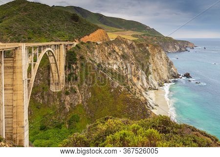 View Of The Bixby Creek Bridge On The Famous Road Number 1, Cabrillo Highway, Monterey, California, 