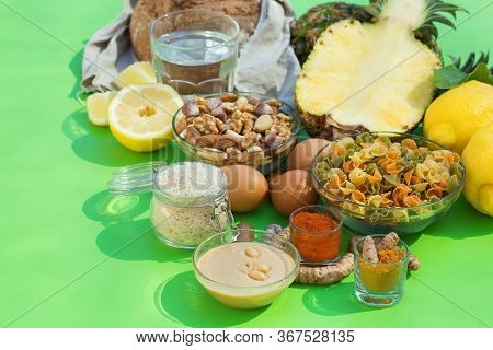 Balanced Nutrition Concept For Low Purine Eating And Diet To Stop Gout. Assortment Of Healthy Food I