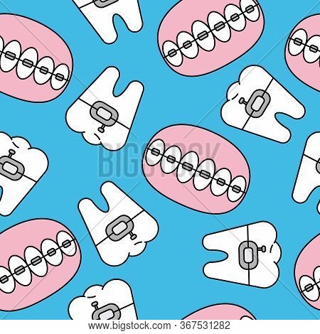 Seamless Pattern With Tooth, Braces. Vector Teeth Background
