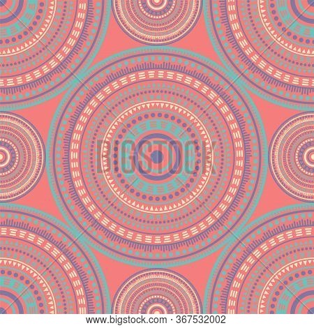 Korean Vintage Motifs Seamless Pattern. Round Medallion Mandala Geometric Tiles. Textile Print Templ