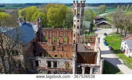 Aerial Photo Of Destroyed Odzienas Castle In Latvia, Europe On A Beautiful Sunny Springday, Concept 