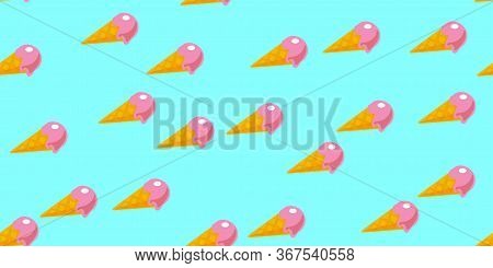 Pink Ice Cream Seamless Pattern In Modern Style On Blue Background. Sweet Vector Paper Art Illustrat