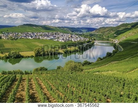 Mosel Loop On A Cloudy Day In Summer View To Trittenheim, Germany