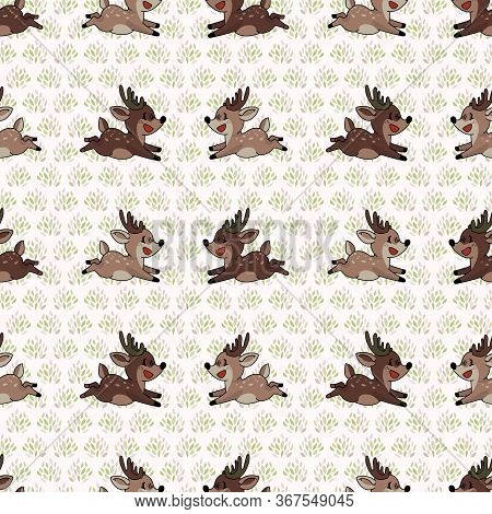 Cute Forest Two Stag Vector Illustration. Buck Deer With Antlers. Childlish Hand Drawn Doodle Style.