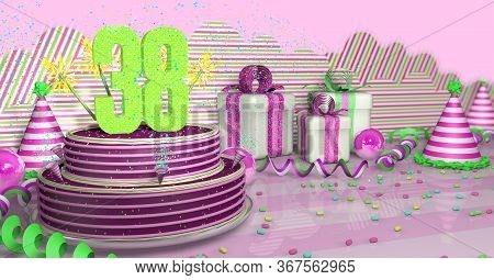 Purple Round 38 Birthday Cake Decorated With Colorful Sparks And Pink Lines On A Bright Table With G