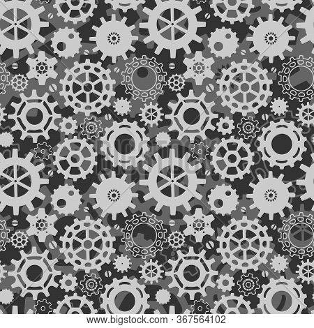 Seamless Pattern With Gears In The Steampunk Style. Three-dimensional Background. Light Grey And Dar