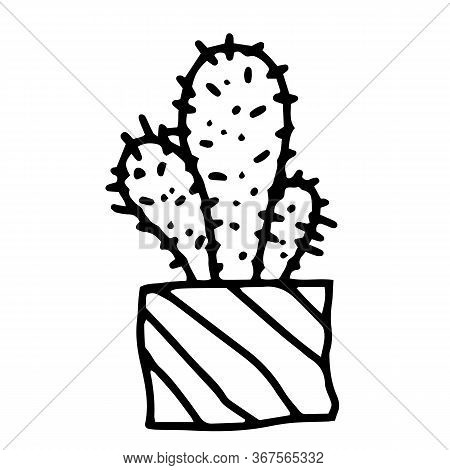 Hand Drawing Cute Cactus, Houseplant. Simple Logo, Minimal Flower Picture. For Greeting Cards, Child