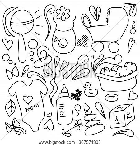 Cute Doodle Baby Set Outline Illustration Wiht Different Objects For Design And Creativity, Coloring