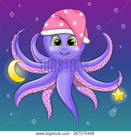 Cute Cartoon Octopus In Night Hat With Star Cnd Moon. Vector Illustration Of The Sea Animal On The N