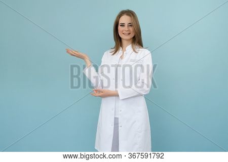 Doctor Points To A List On A Blue Background