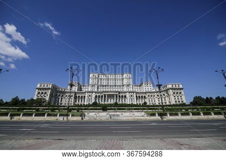 Bucharest, Romania - May 23, 2020: The Palace Of Parliament Building In Bucharest As Seen From Piata