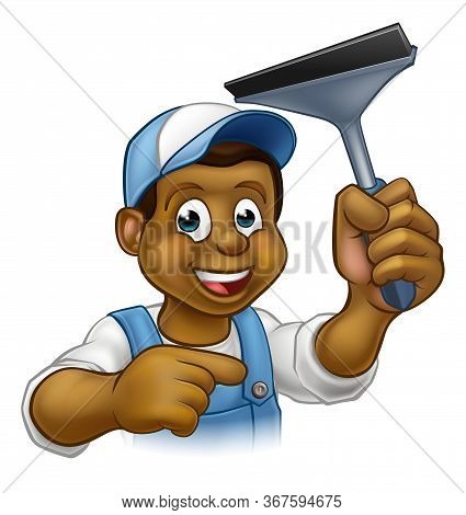 A Handyman Window Cleaner Cartoon Character Holding A Squeegee And Pointing