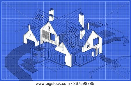 3D Rendering Of Modern Clinker House On The Ponds With Pool Black Line On Blueprint Background