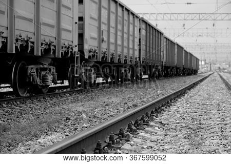 Railroad Rails In Russia. Concrete Sleepers.\nbackground Image For Web Design.