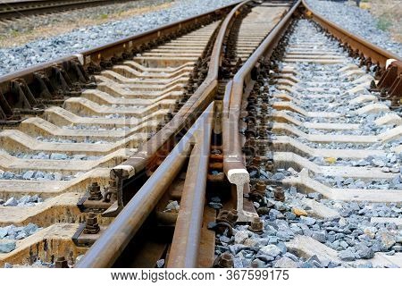 Railroad Rails In Russia. Concrete Sleepers.\nbackground Image For Web Design.